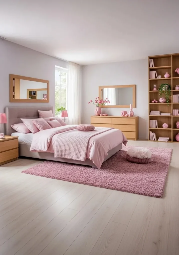 Bedroom combining pink accents with natural wood furniture for warmth