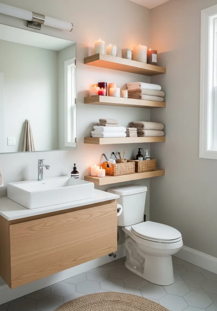 Floating shelves adding storage and style in a small bathroom