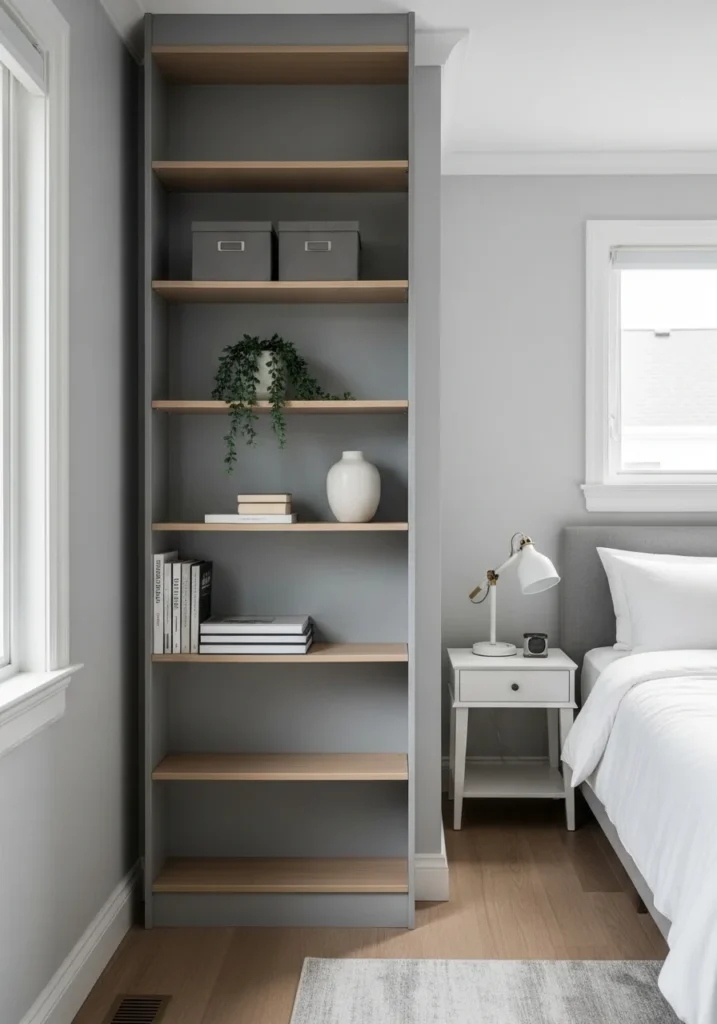 Full guest bedroom organized storage clean functional calm welcoming space