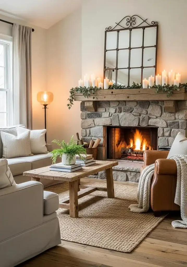 farmhouse living room fireplace focal point