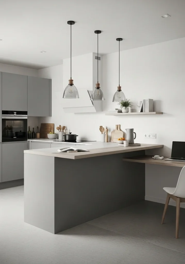 Minimalist grey L-shaped kitchen with floating island and pendant lights.