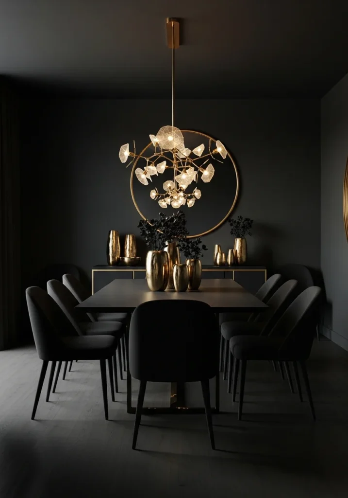 Moody dining room with black and gold decor accents.