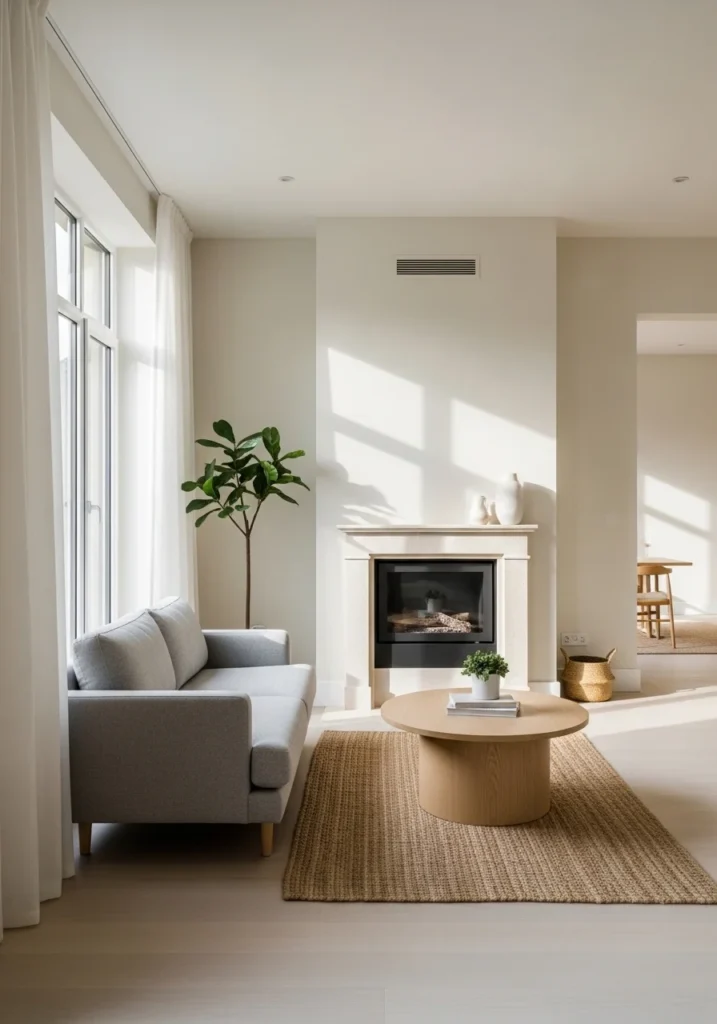 Small living room with a slim fireplace, light walls, and compact furniture arrangement.