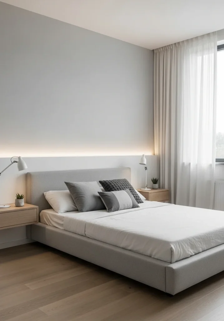 LED strip lighting behind headboard in modern bedroom