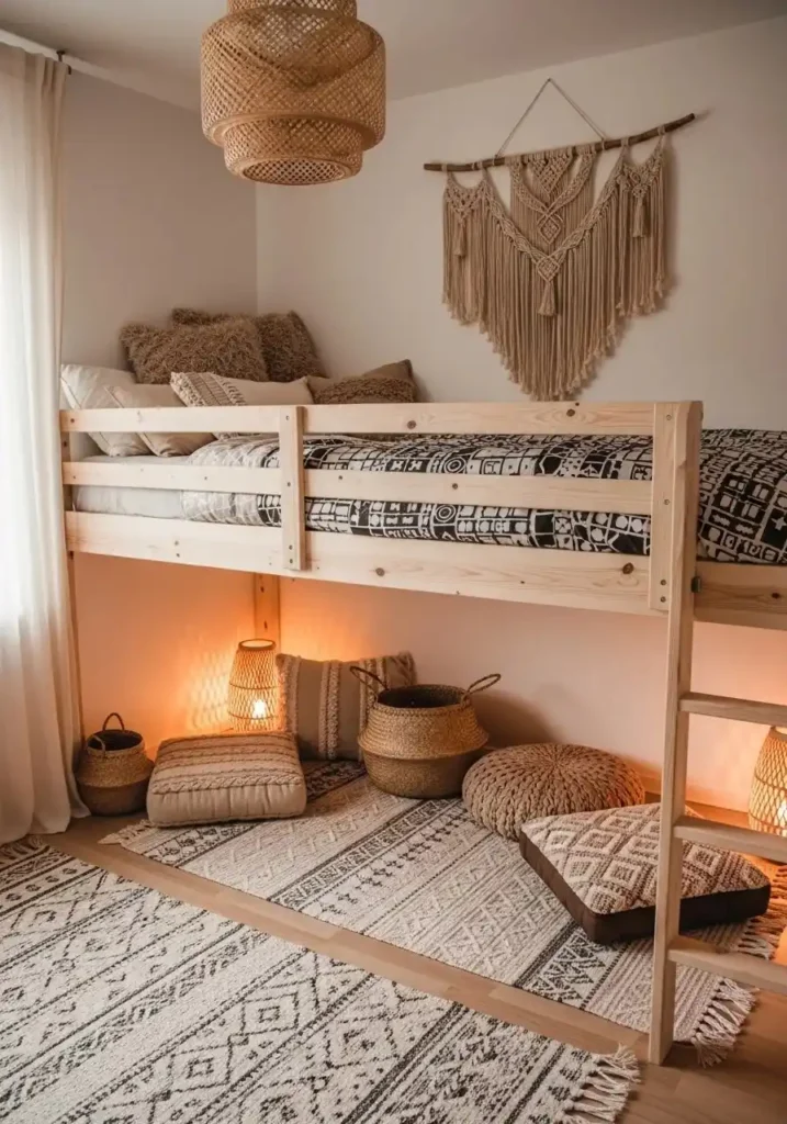 Boho loft bed with textured decor and cozy seating area underneath.