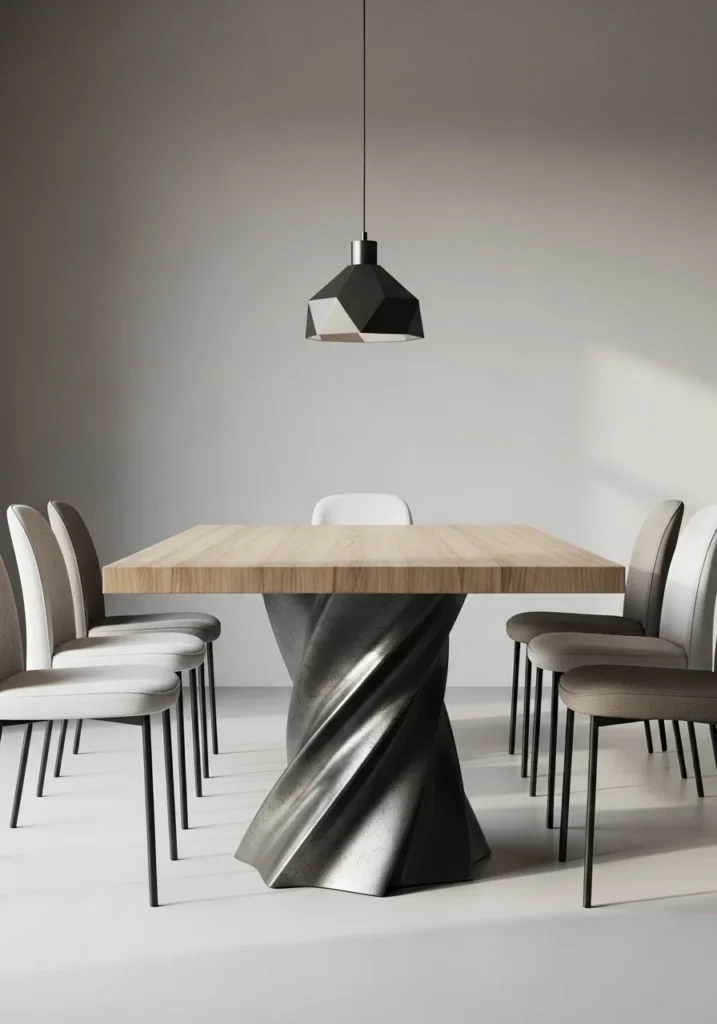 Dining table with sculptural pedestal base as a bold focal point in a modern dining room.