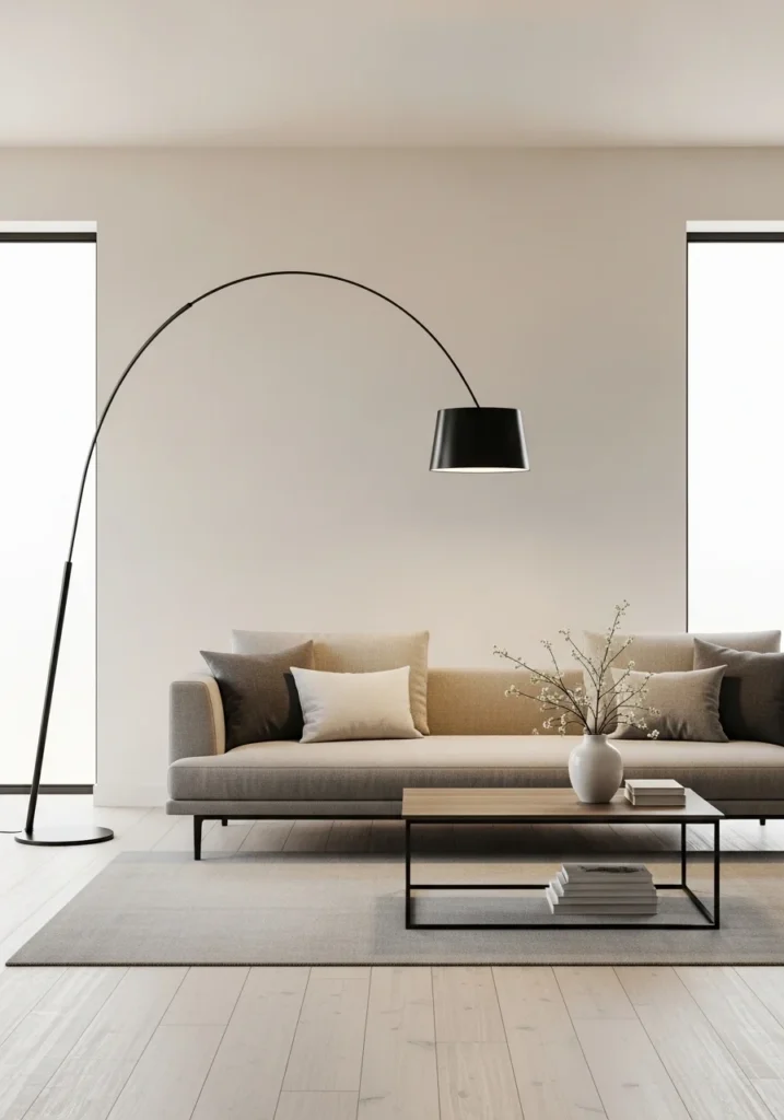 Modern living room with arc floor lamp creating stylish focal point