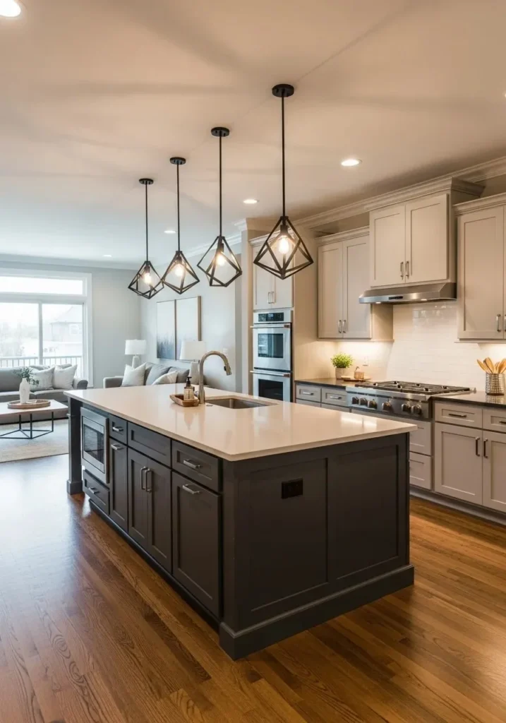 Open concept kitchen with central island and seamless layout