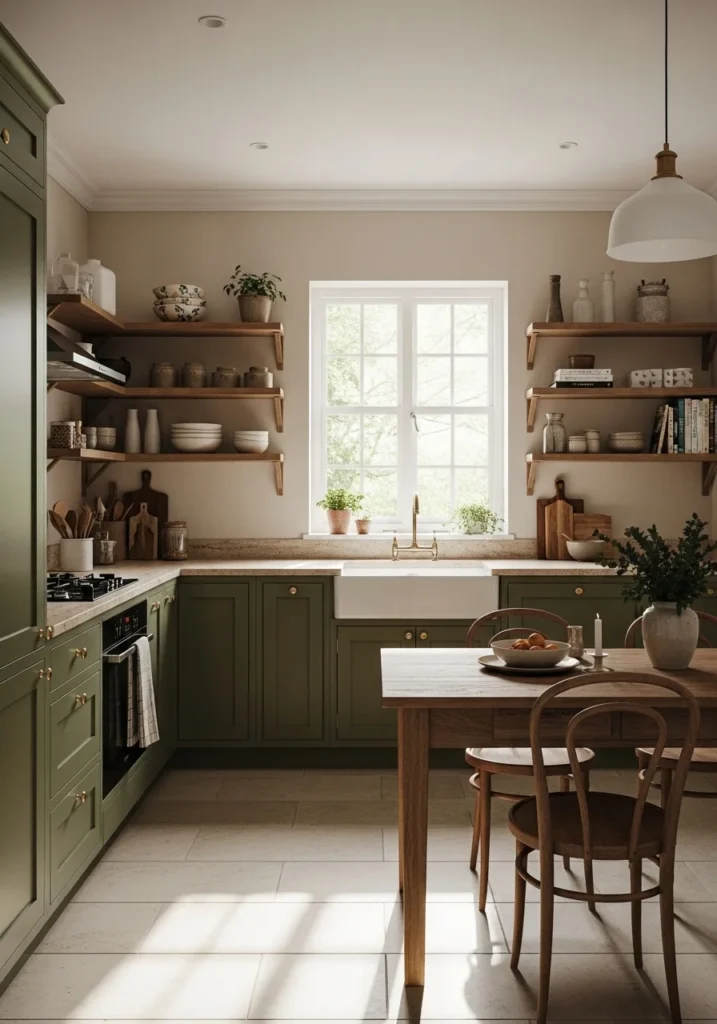 Kitchen with olive green cabinets, open wood shelves, and beige countertops, warm earthy tone.