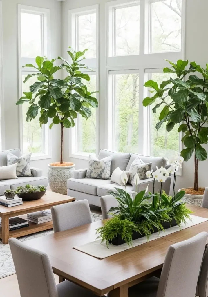 Indoor plants connecting living and dining spaces