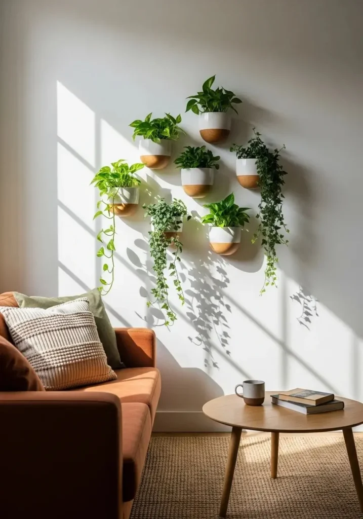 Wall-mounted planters adding vertical greenery to living room.