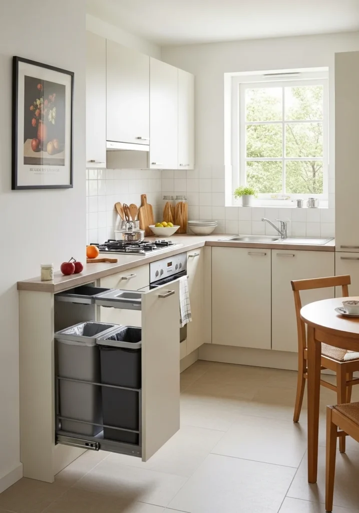 Pull-out trash and recycling units hide waste and keep small kitchens clean and streamlined.