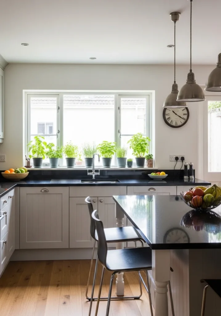 Black countertops styled with indoor kitchen plants.