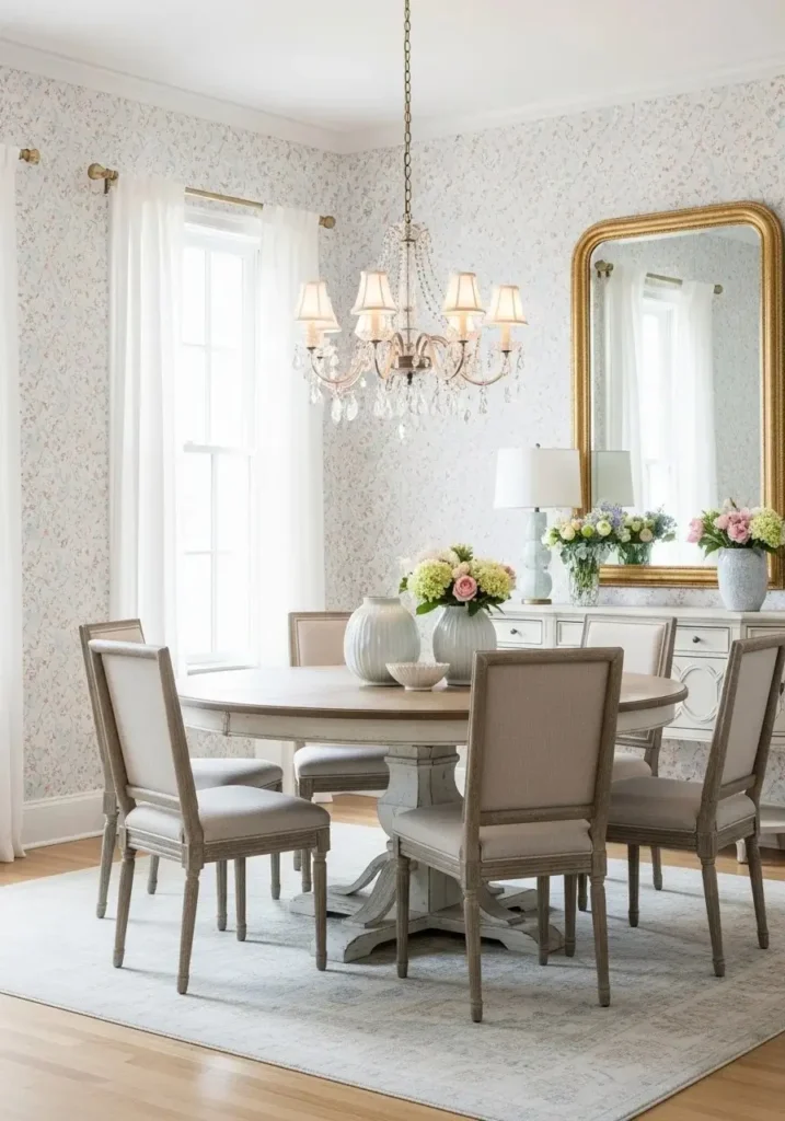 pastel wallpaper dining room light airy design