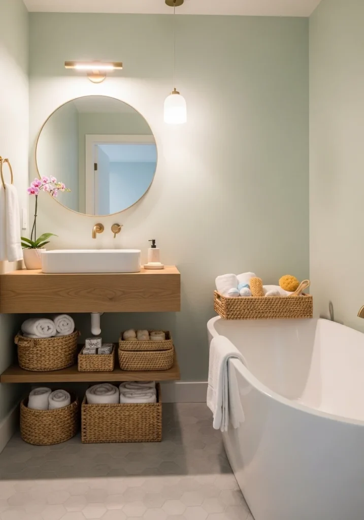 decorative storage baskets in small bathroom