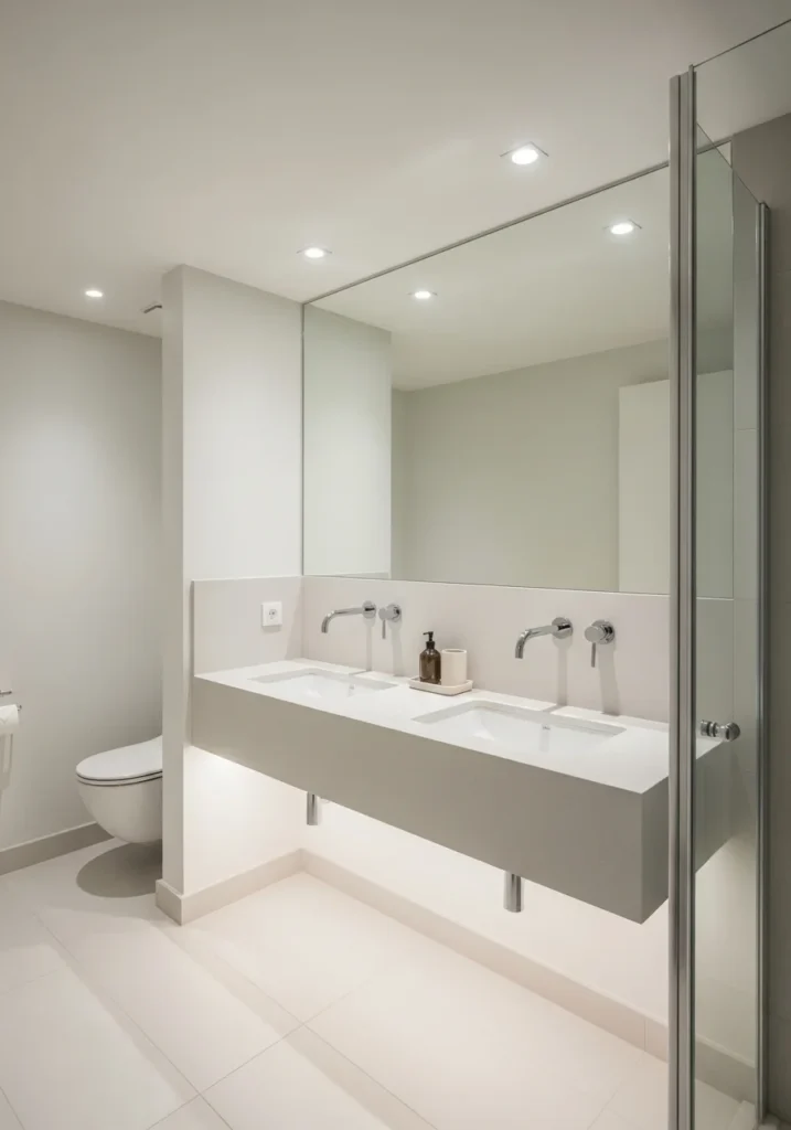 Compact double sink vanity maximizing space in a small bathroom.