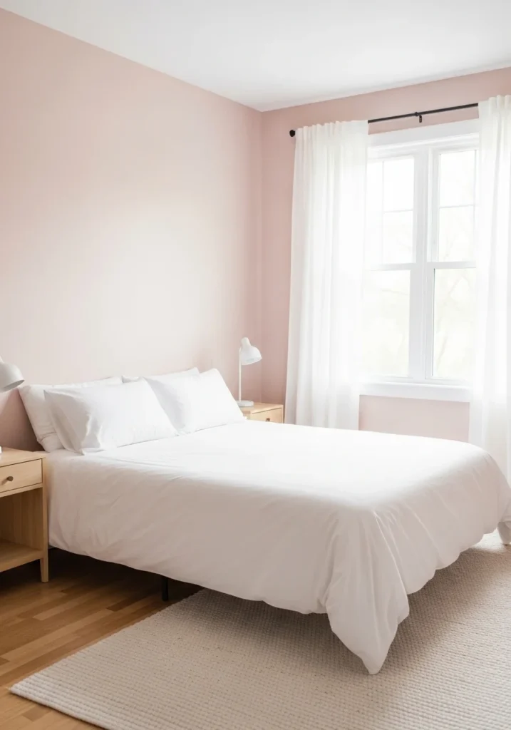 Cozy bedroom featuring soft blush pink walls with white bedding and natural light