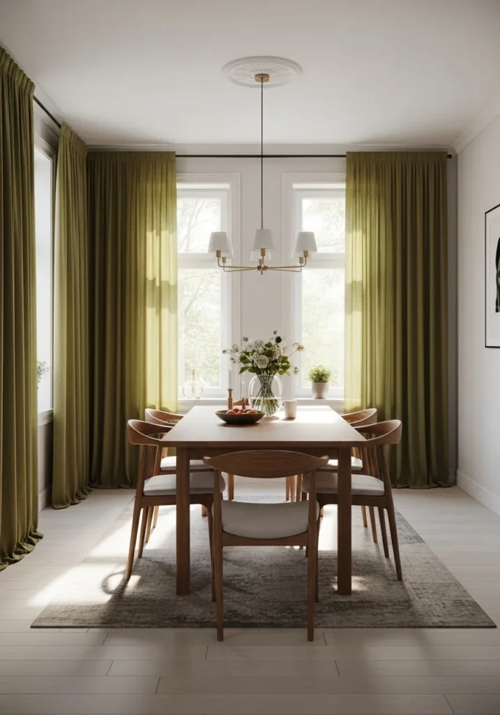 olive green curtains adding warmth to dining room decor
