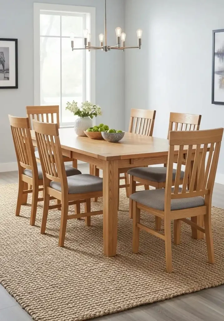 Dining room decor with area rug under dining table for cozy space