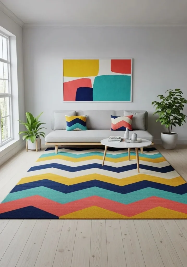 Geometric patterned area rug adding modern flair to living room design