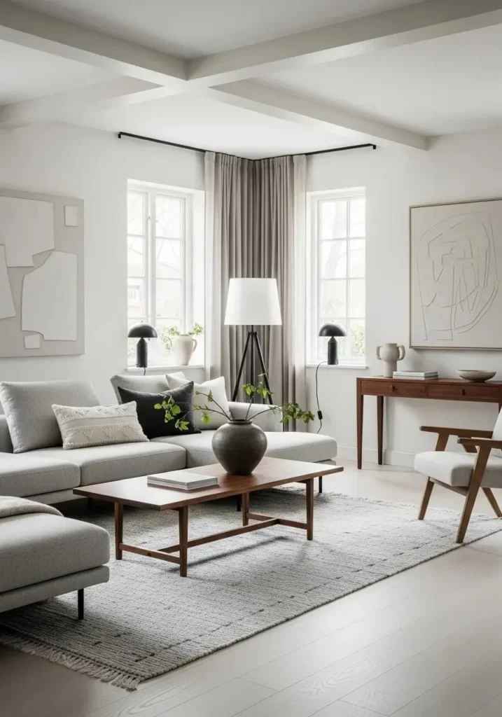 Japandi living room with subtle dark contrast elements