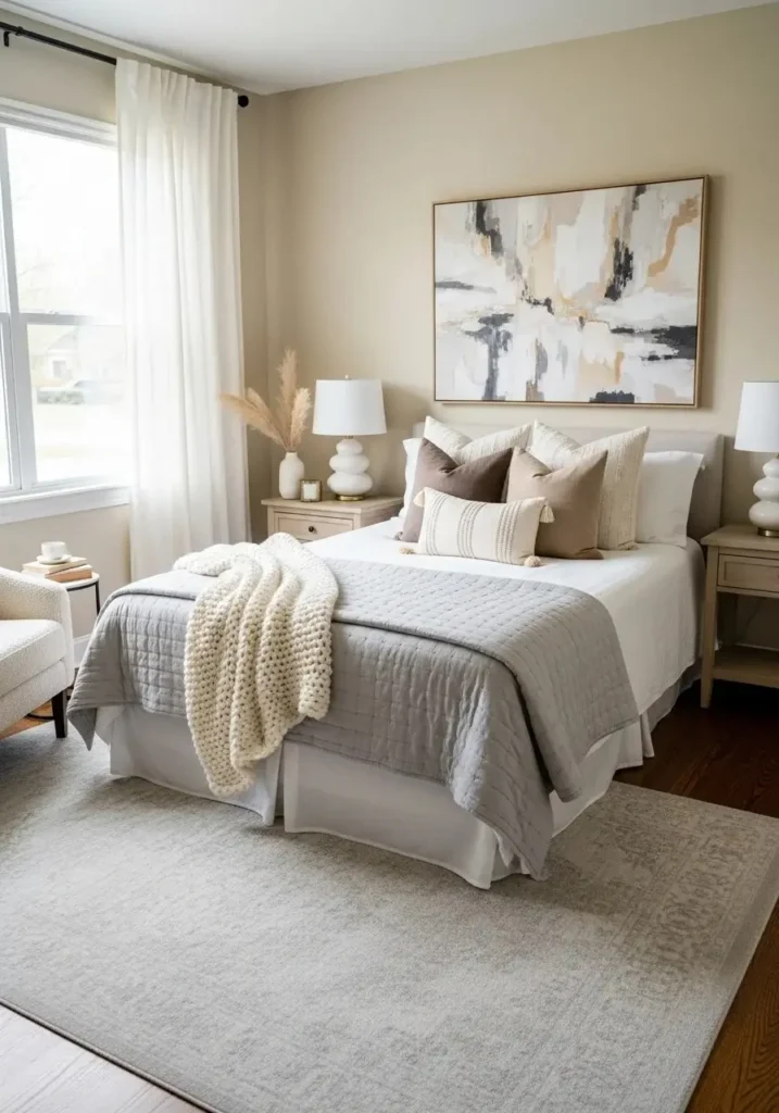 Full guest bedroom wall art stylish personal calm welcoming interior