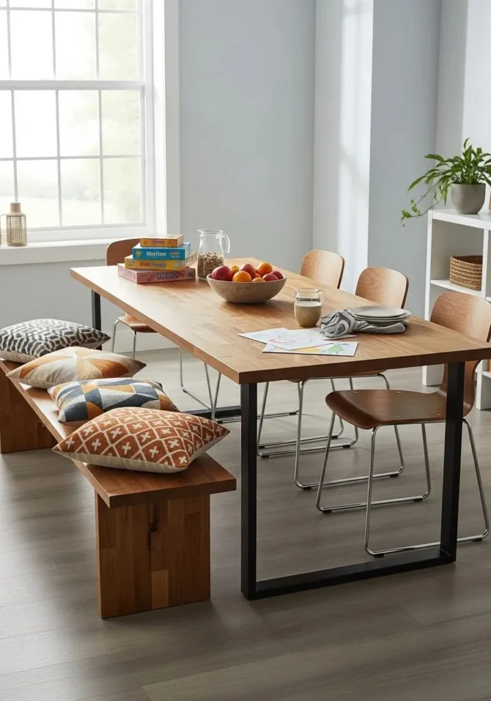Wooden dining table with bench seating and cushions for a relaxed and modern dining area.