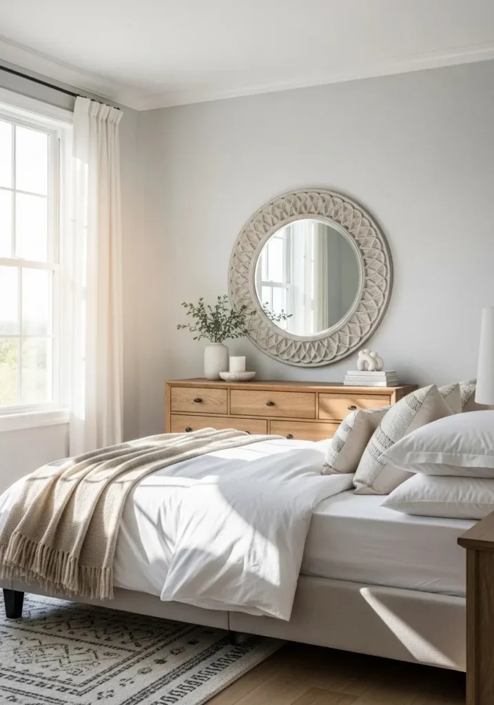 decorative wall mirror reflecting light in bedroom