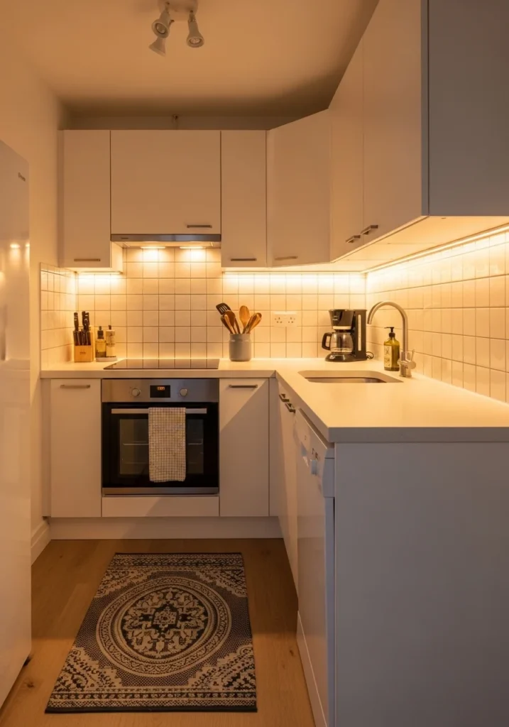 Under-cabinet lighting brightens workspaces and makes small kitchens feel larger.