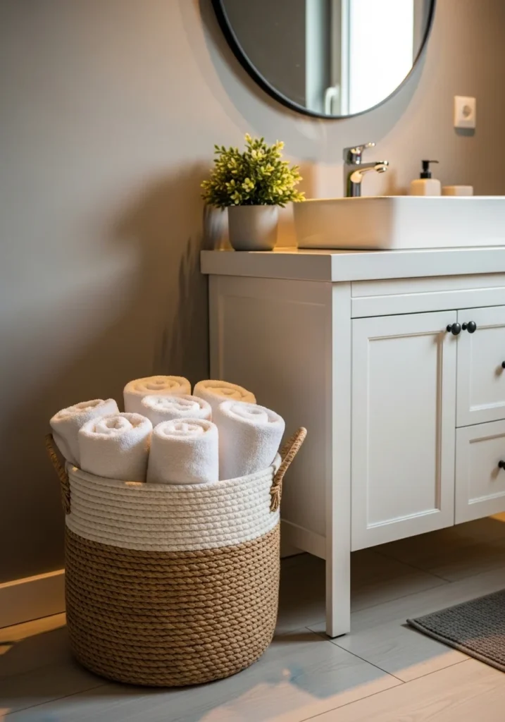 decorative basket storing towels in bathroom