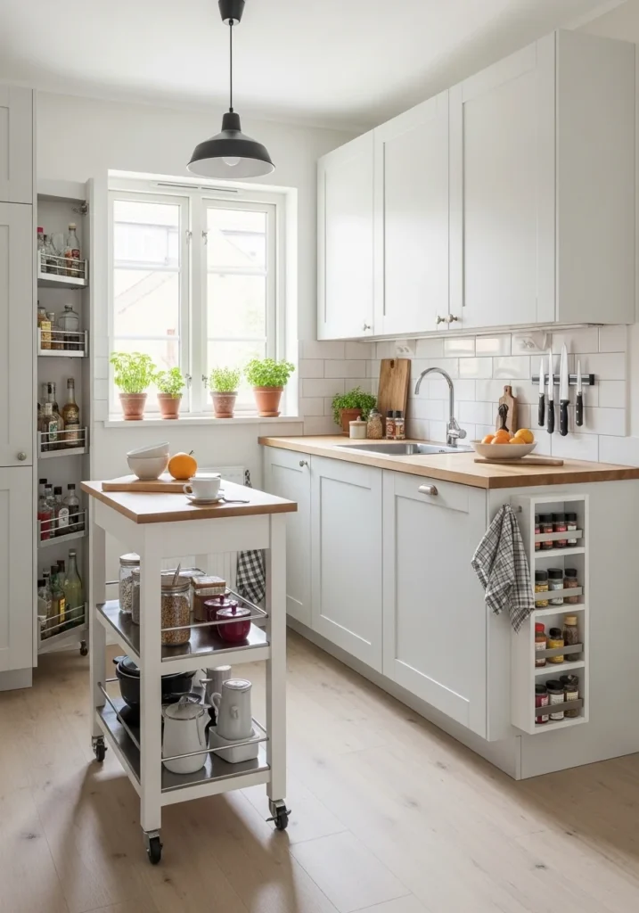 Small kitchen layout with space saving island ideas