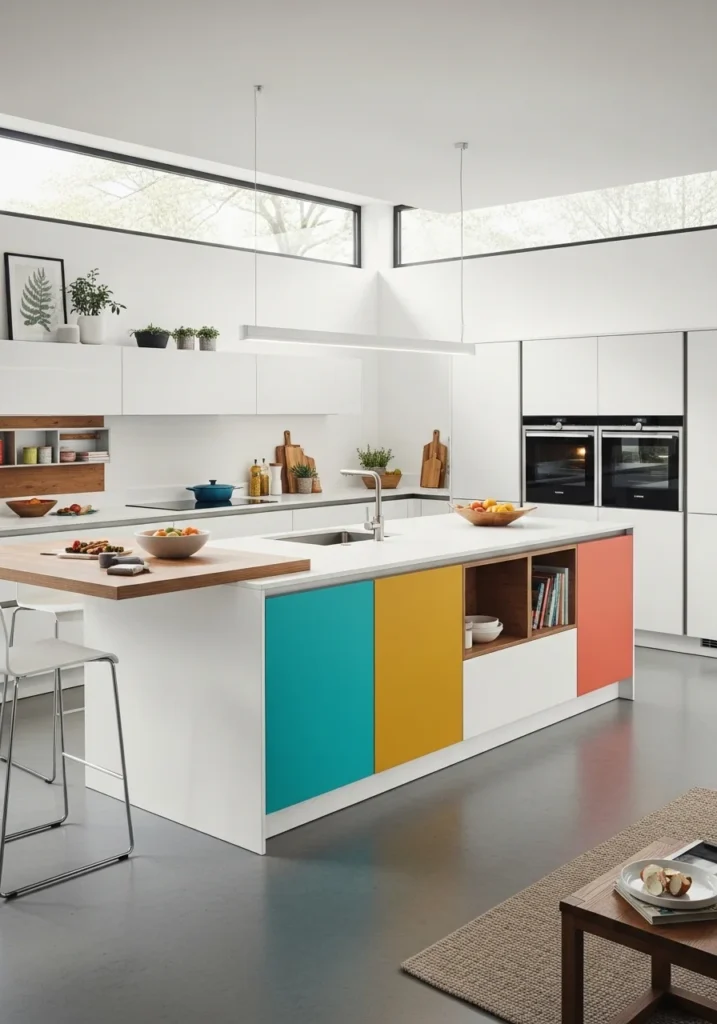 Open-plan white L-shaped kitchen with colorful island centerpiece.