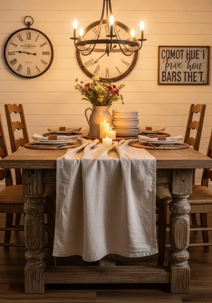 Rustic farmhouse dining table with linen runner and warm lighting for a cozy, inviting atmosphere.