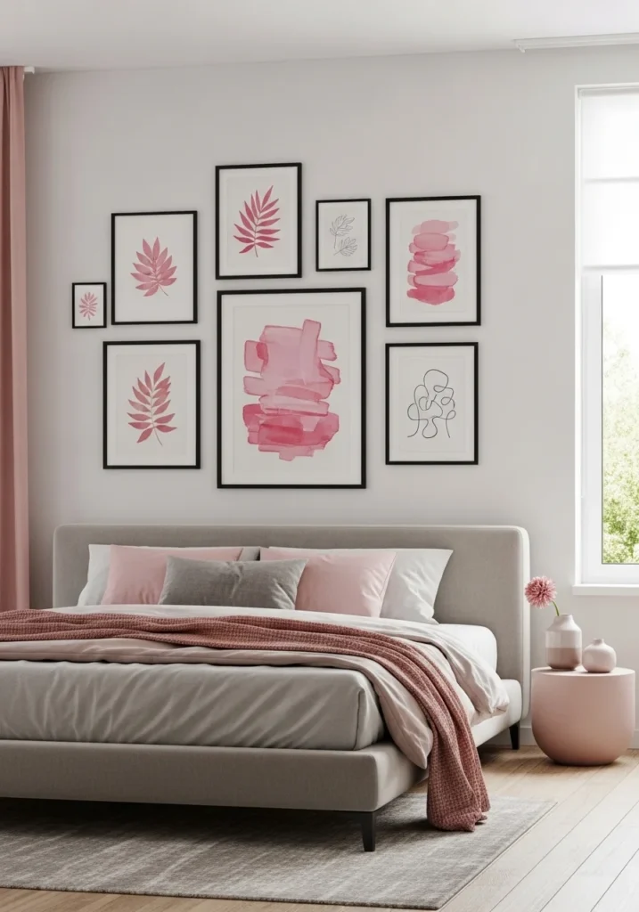 pink and black gallery wall in bedroom with framed artwork