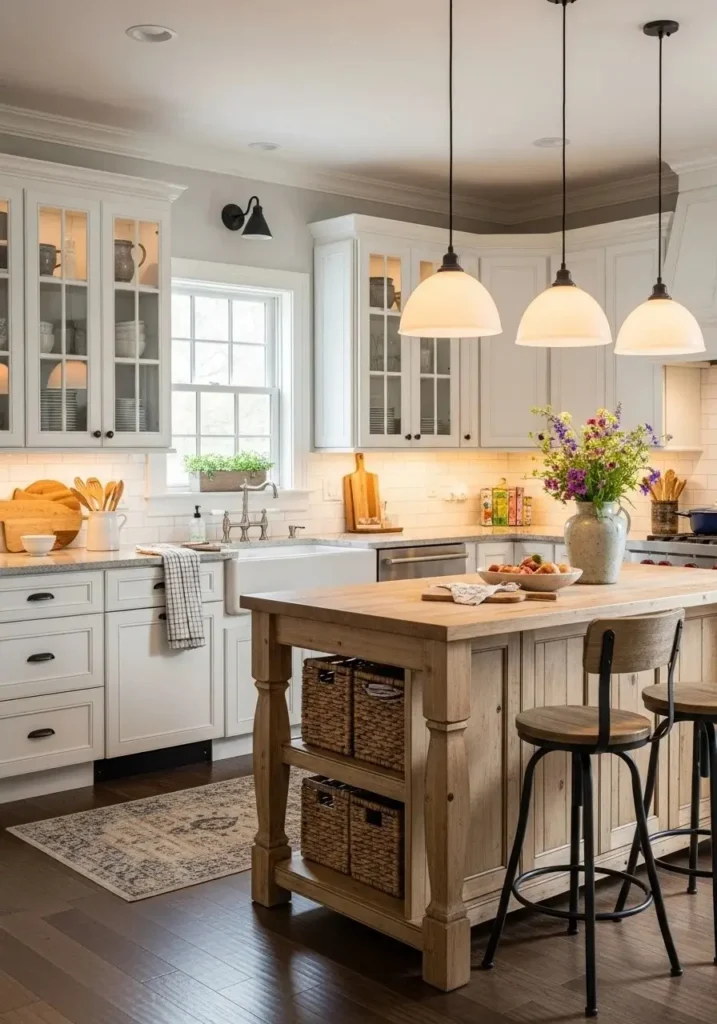 Farmhouse U-shaped kitchen with white cabinets and warm wooden island.
