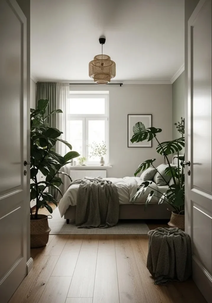 Full bedroom view indoor plants fresh calming natural vibe