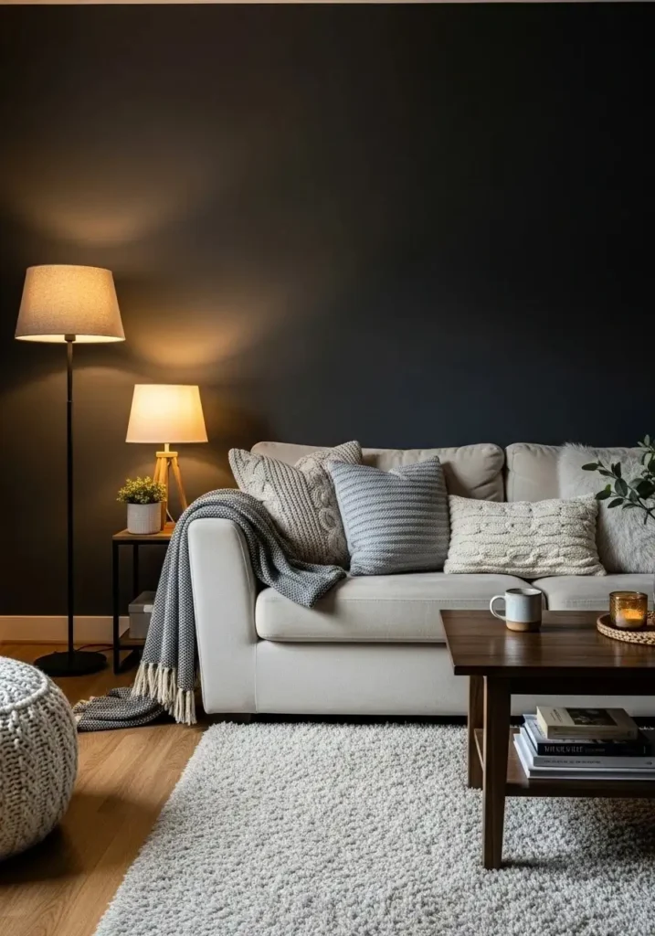 Dark accent wall in living room creating a cozy and intimate space