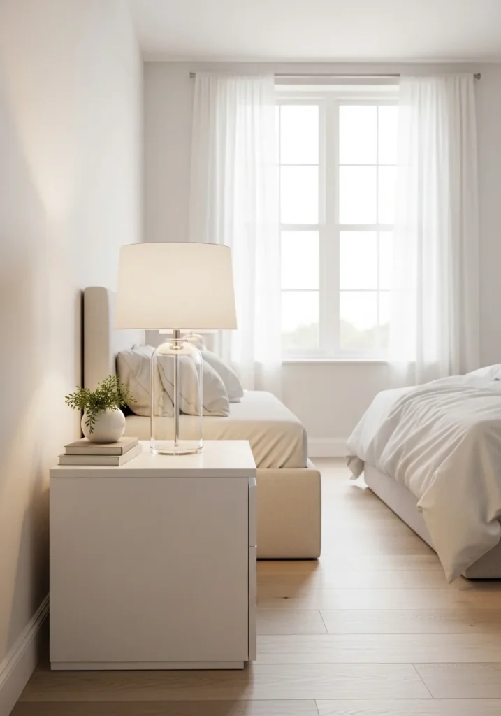 Elegant glass base lamp with white linen shade in minimalist bedroom