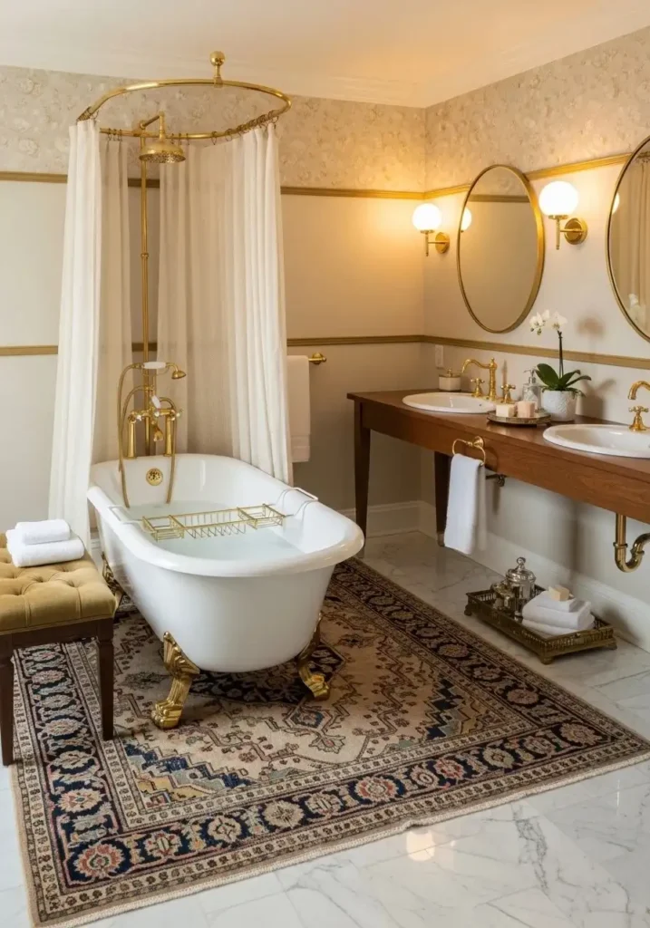 Vintage Persian style rug adding elegance to bathroom