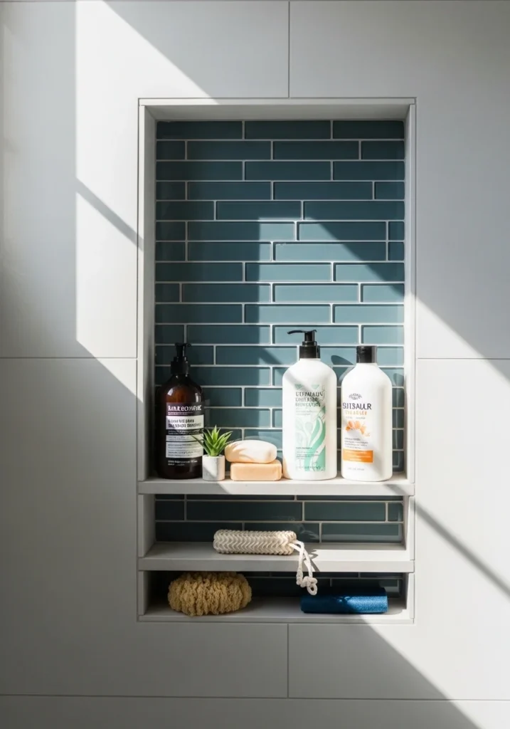 Recessed shower niches for compact storage in a small bathroom