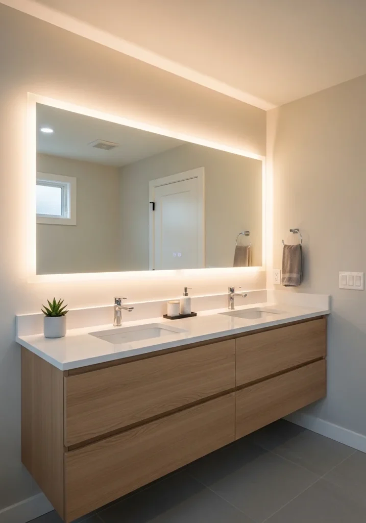 bathroom with large statement mirror and modern vanity
