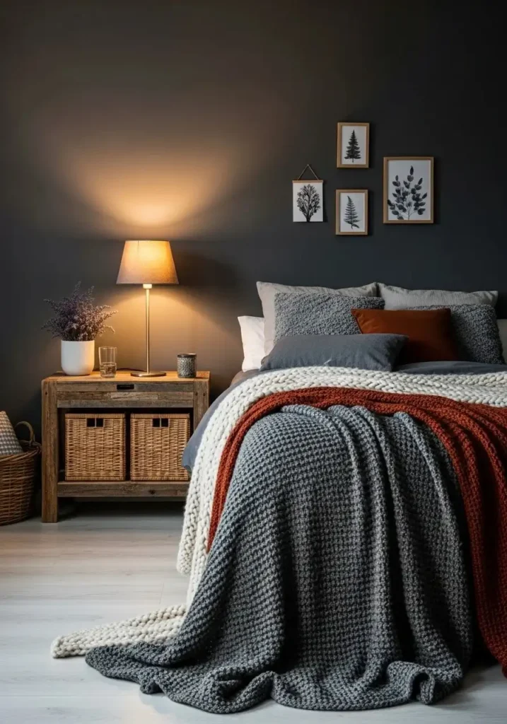 Dark gray bedroom with rustic wood and natural textures.