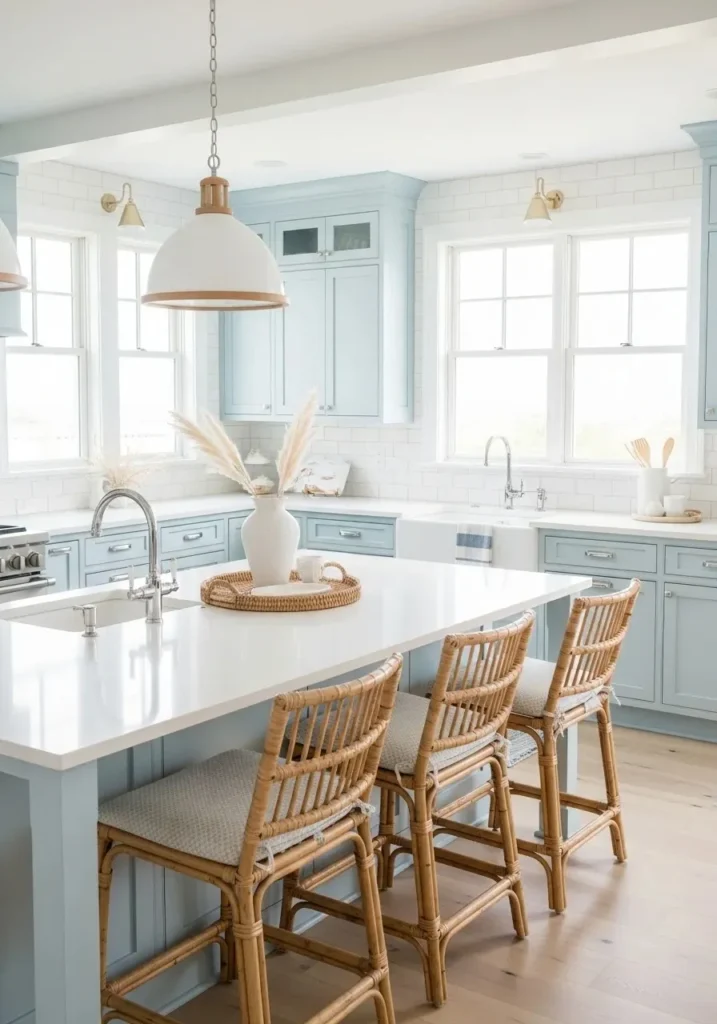 Coastal-inspired L-shaped kitchen with blue cabinets and white island.