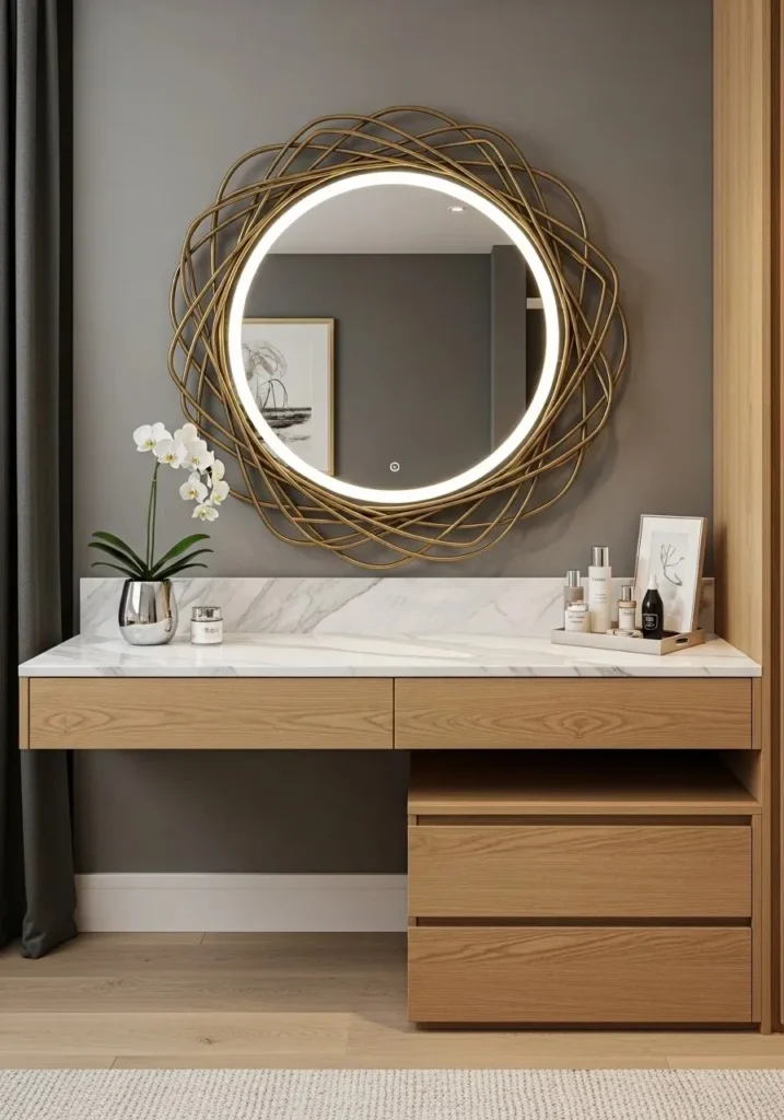 vanity with statement mirror bold bedroom decor idea