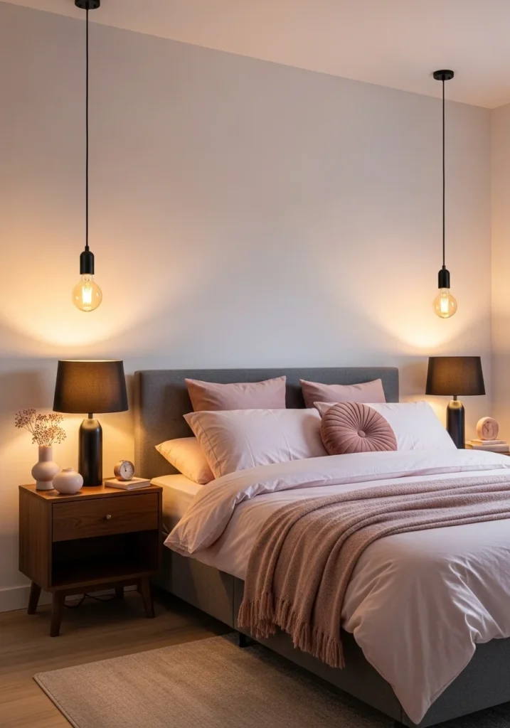 matte black lighting with pink bedroom decor creating warm glow