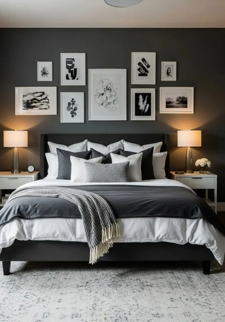 Dark gray bedroom with gallery wall of framed artwork.