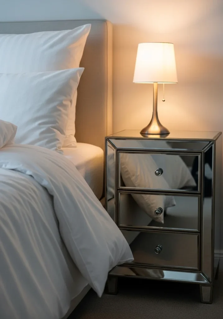 mirrored nightstand reflecting light in bedroom decor