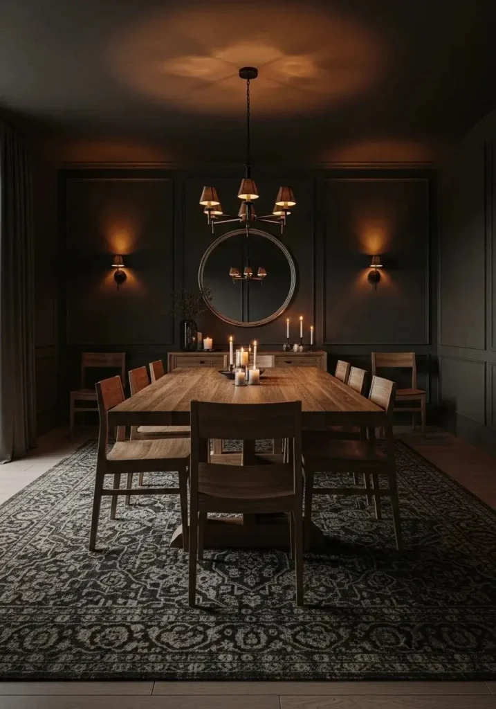Moody dining room with textured rug adding warmth and depth.