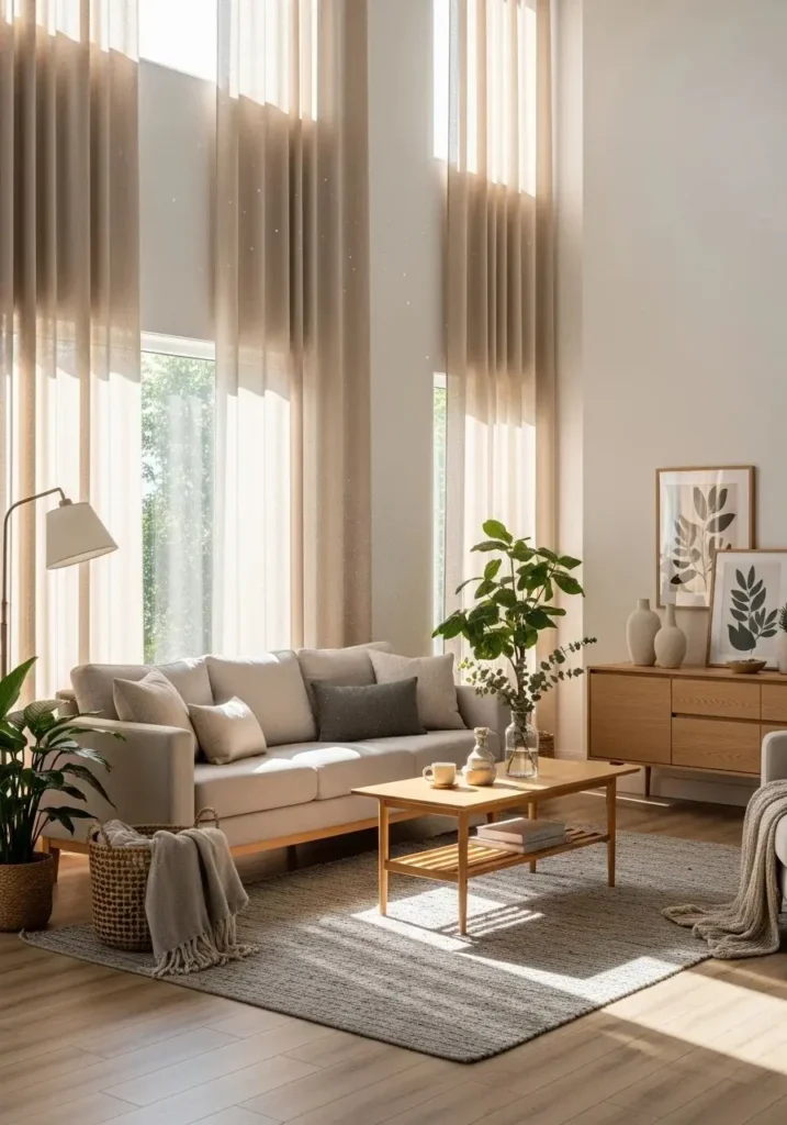 Linen curtains in a casual, airy living room with light wood and neutral furnishings.