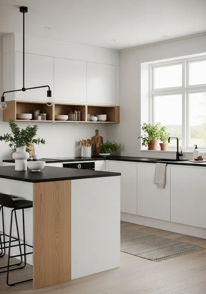 White and wood cabinets combined with black countertops.